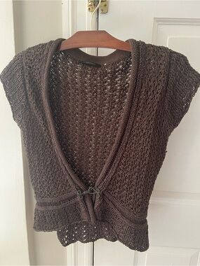 Elie Tahari Chocolate Brown Open-Knit Short-Sleeve Cardigan